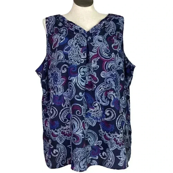 CJ Banks Women 3X Paisley Pleated Sleeveless V Neck Top Blue Polyester Crepe - Picture 1 of 5